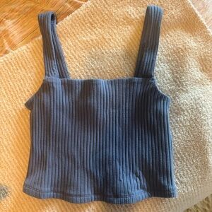 Blue Ribbed Square-Neck Crop Tank Top